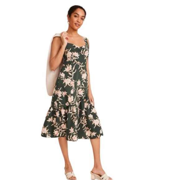 (NEW) Sweetheart Neck Green Dark Cottagecore Prairie Floral Tiered Midi Dress M - Picture 1 of 14